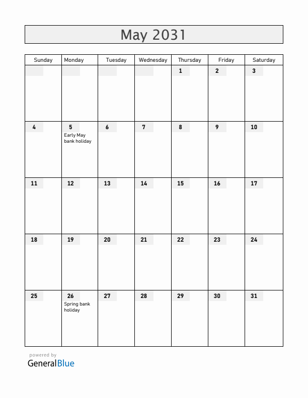 United Kingdom May 2031 Calendar with Holidays