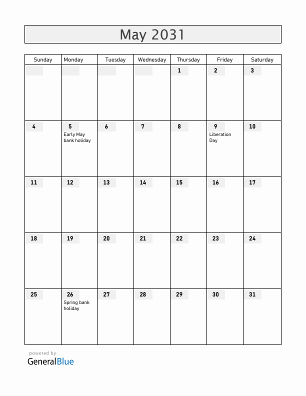 Guernsey May 2031 Calendar with Holidays