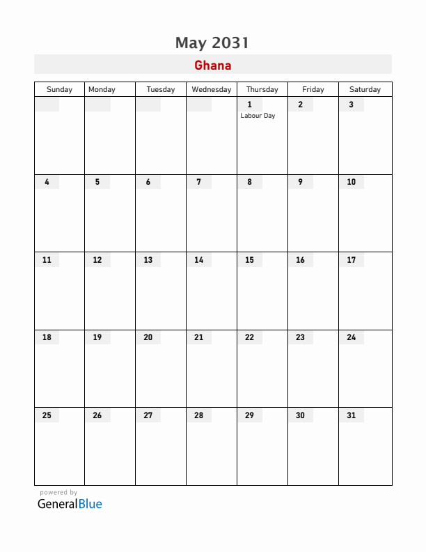 Ghana May 2031 Calendar with Holidays
