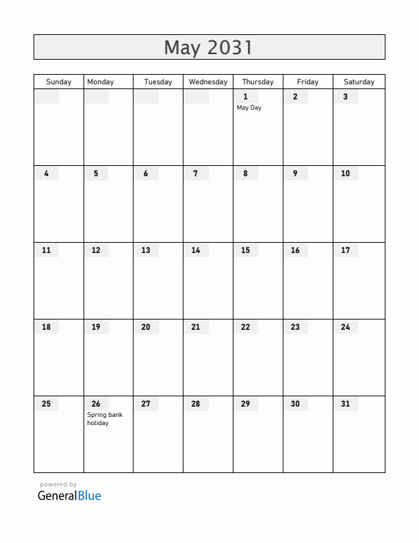 Gibraltar May 2031 Calendar with Holidays