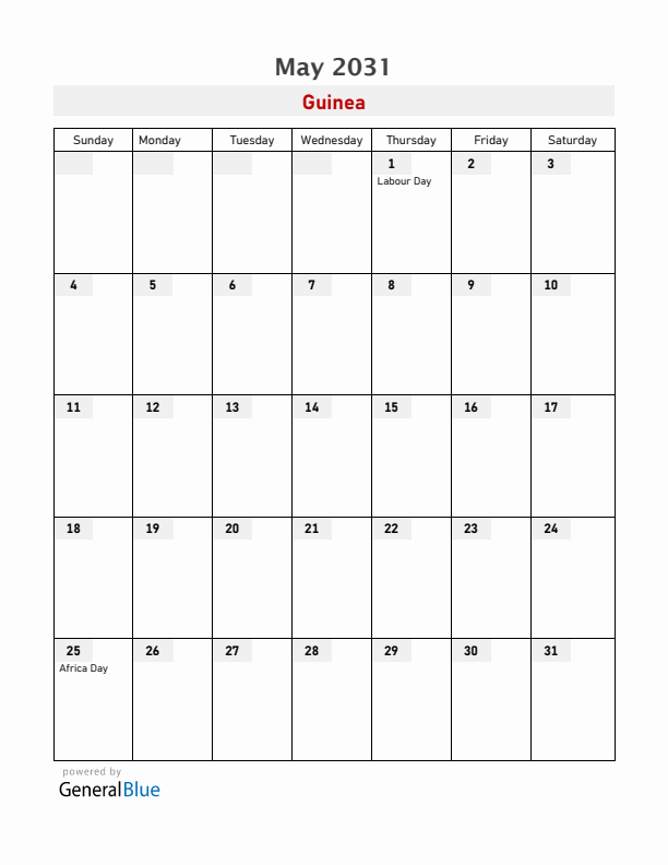 Guinea May 2031 Calendar with Holidays