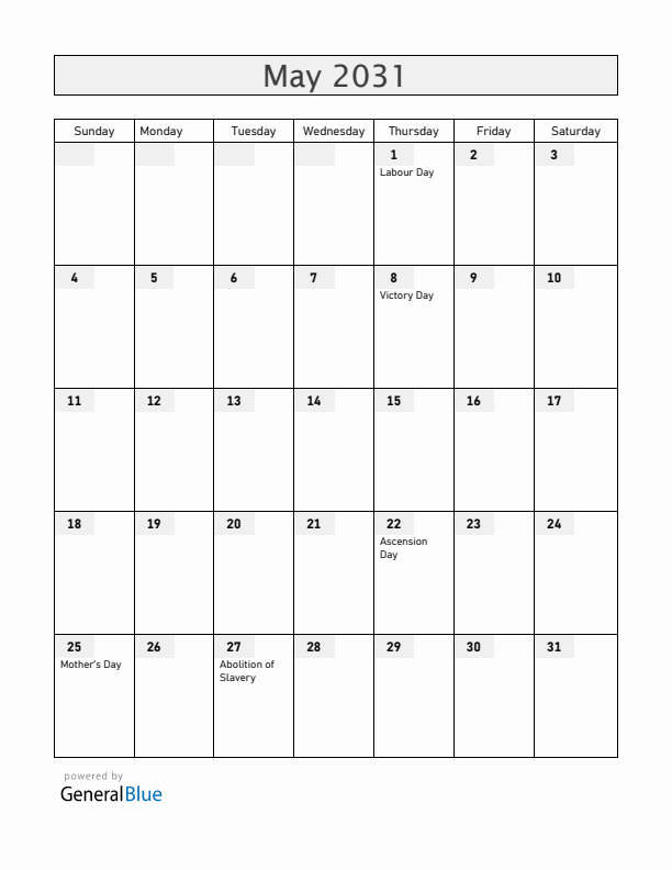 Guadeloupe May 2031 Calendar with Holidays