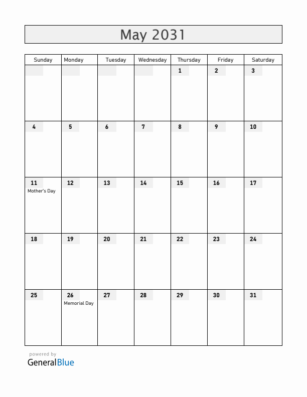 Guam May 2031 Calendar with Holidays