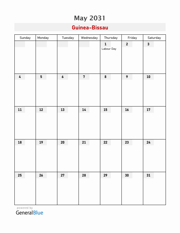 Guinea-Bissau May 2031 Calendar with Holidays