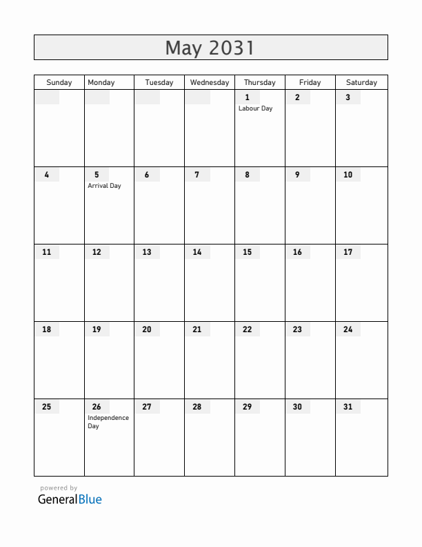 Guyana May 2031 Calendar with Holidays