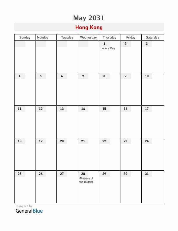 Hong Kong May 2031 Calendar with Holidays