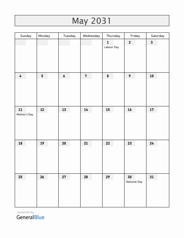 Croatia May 2031 Calendar with Holidays