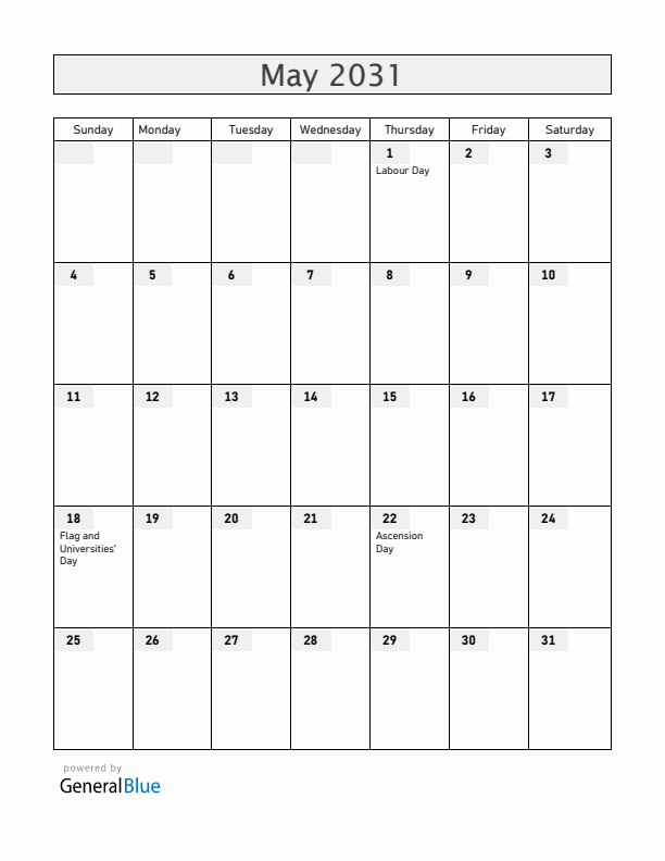 Haiti May 2031 Calendar with Holidays