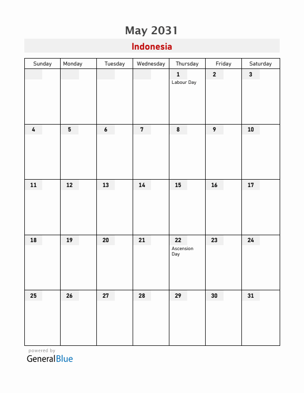 Indonesia May 2031 Calendar with Holidays