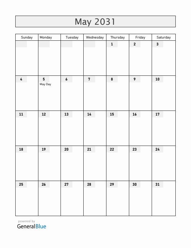 Ireland May 2031 Calendar with Holidays