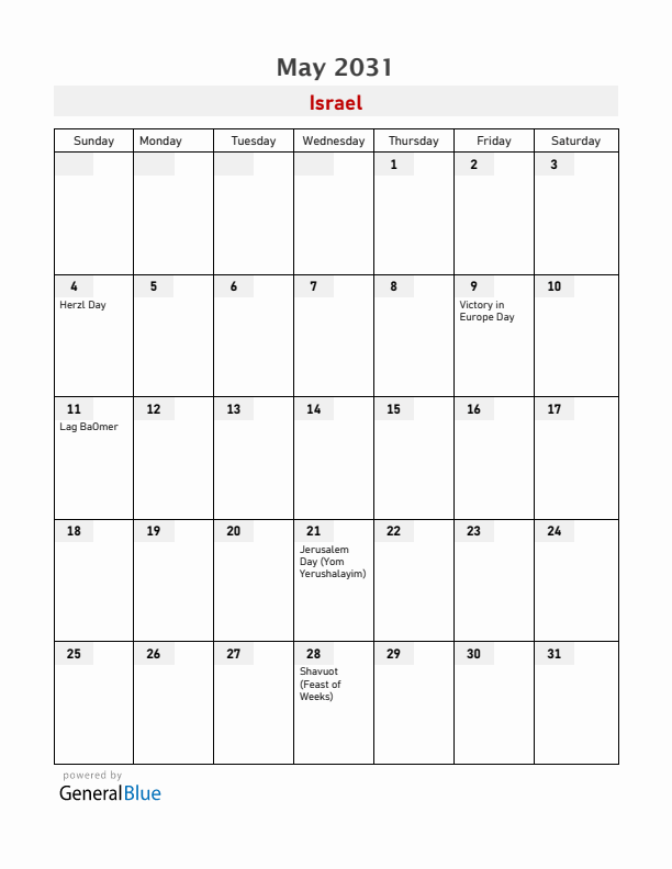 Israel May 2031 Calendar with Holidays
