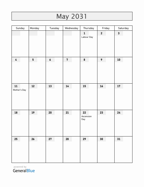 Iceland May 2031 Calendar with Holidays