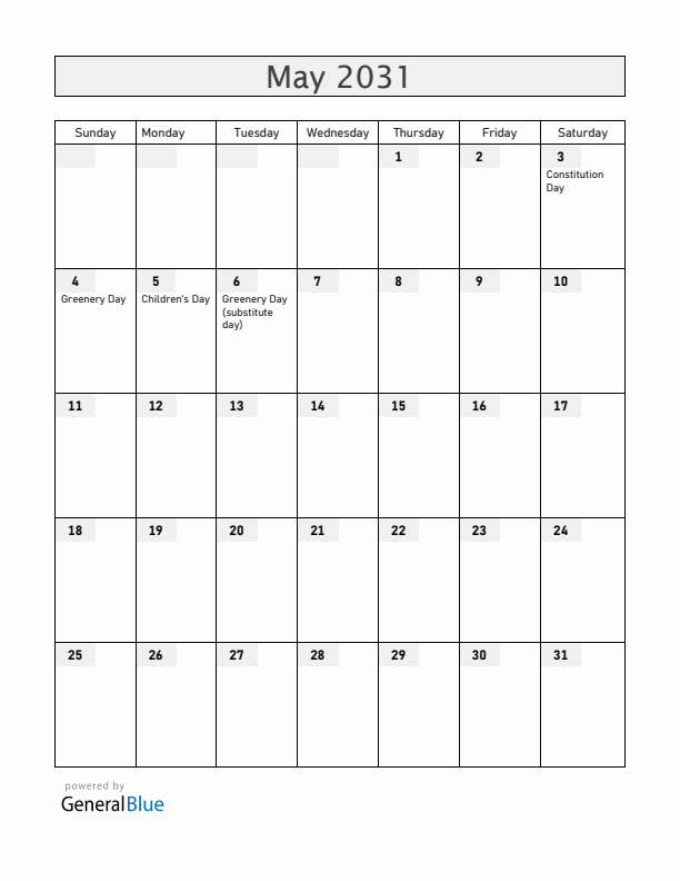 Japan May 2031 Calendar with Holidays