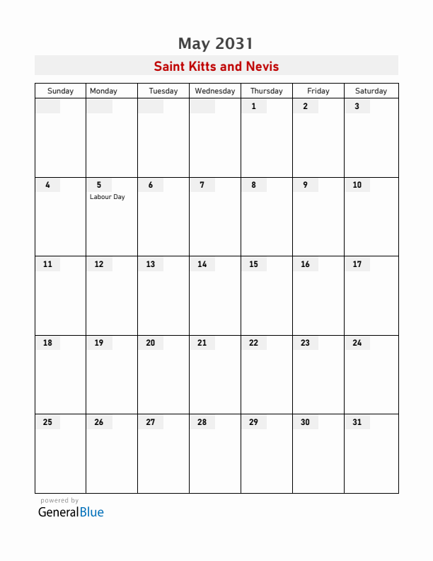 Saint Kitts and Nevis May 2031 Calendar with Holidays