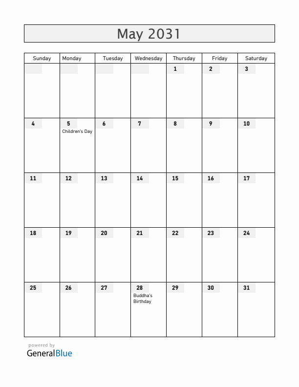 South Korea May 2031 Calendar with Holidays