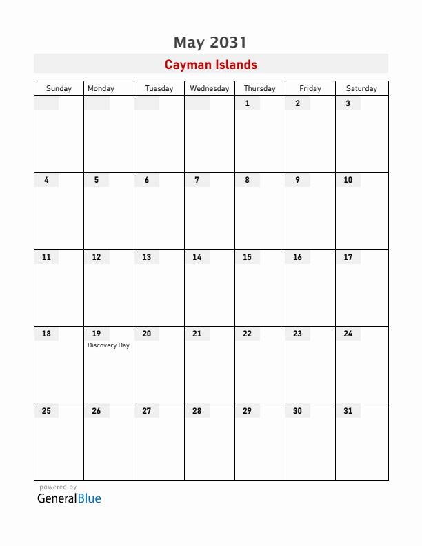 Cayman Islands May 2031 Calendar with Holidays