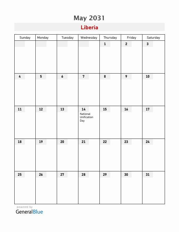 Liberia May 2031 Calendar with Holidays