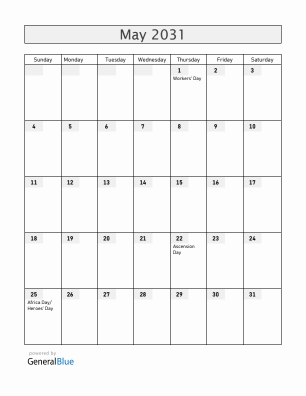 Lesotho May 2031 Calendar with Holidays