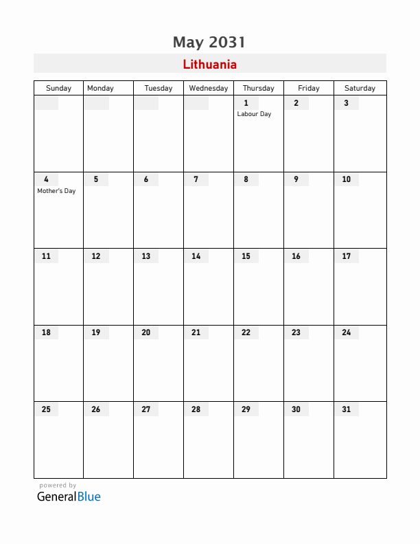 Lithuania May 2031 Calendar with Holidays