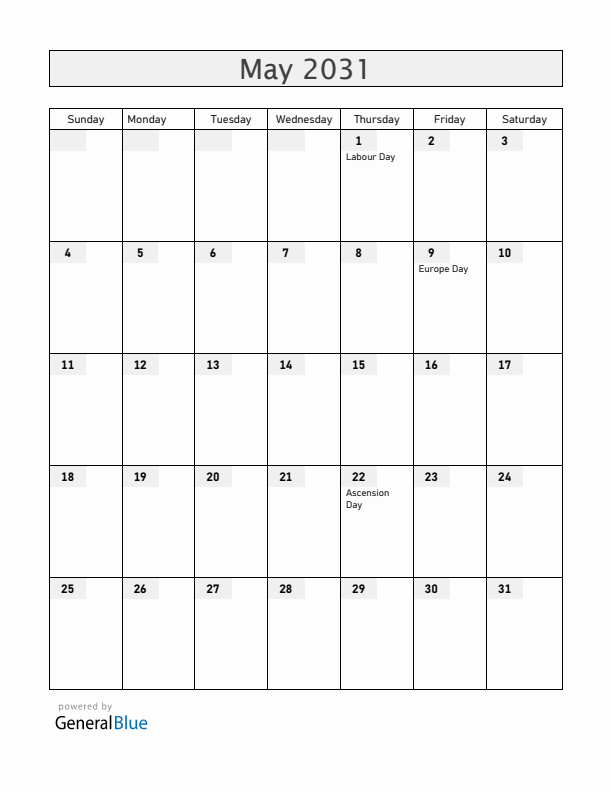 Luxembourg May 2031 Calendar with Holidays
