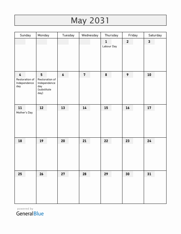 Latvia May 2031 Calendar with Holidays