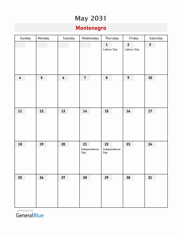 Montenegro May 2031 Calendar with Holidays