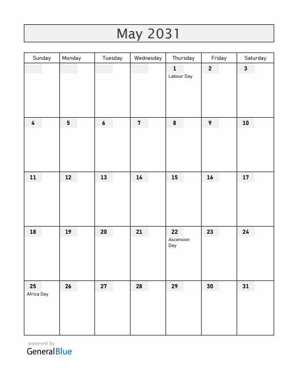 Madagascar May 2031 Calendar with Holidays