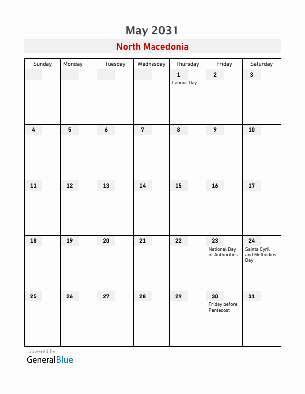 North Macedonia May 2031 Calendar with Holidays