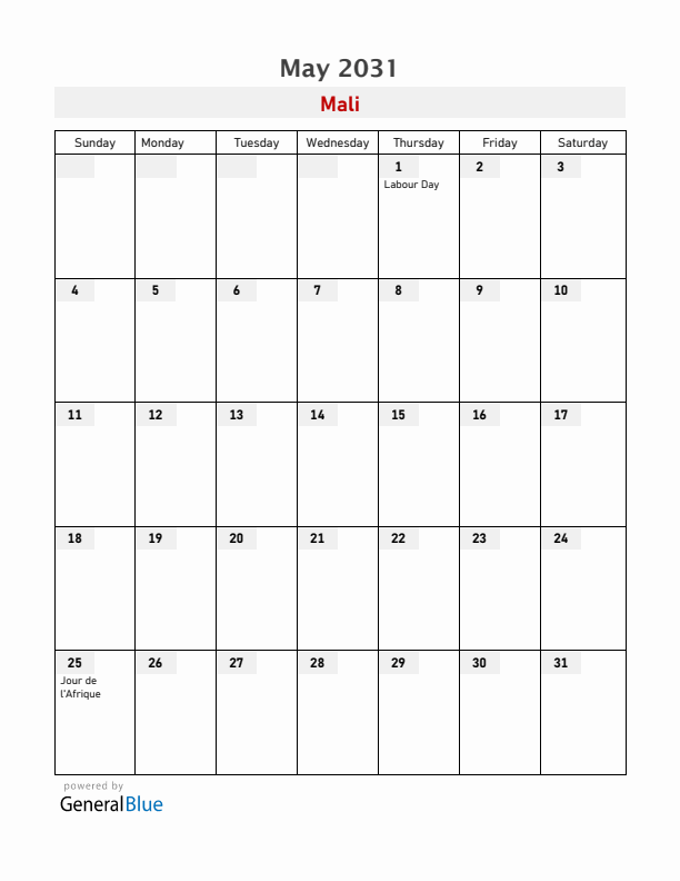 Mali May 2031 Calendar with Holidays
