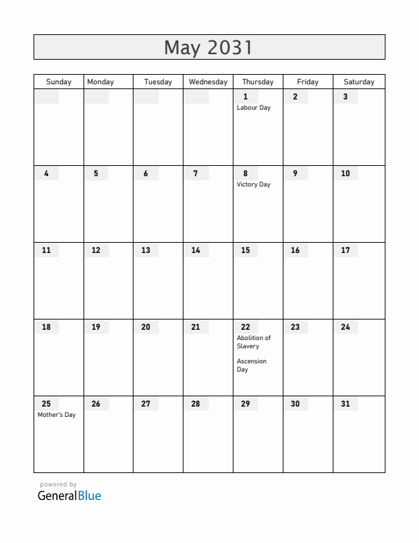 Martinique May 2031 Calendar with Holidays