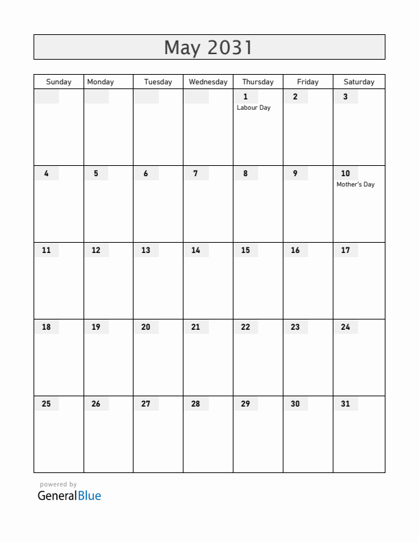 Mexico May 2031 Calendar with Holidays