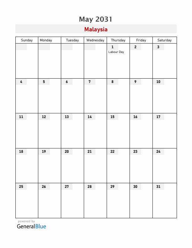 Malaysia May 2031 Calendar with Holidays