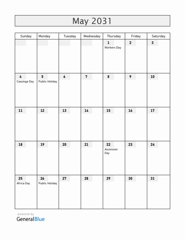 Namibia May 2031 Calendar with Holidays
