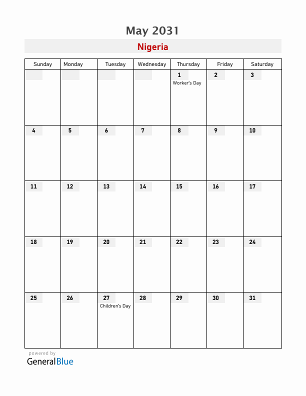 Nigeria May 2031 Calendar with Holidays