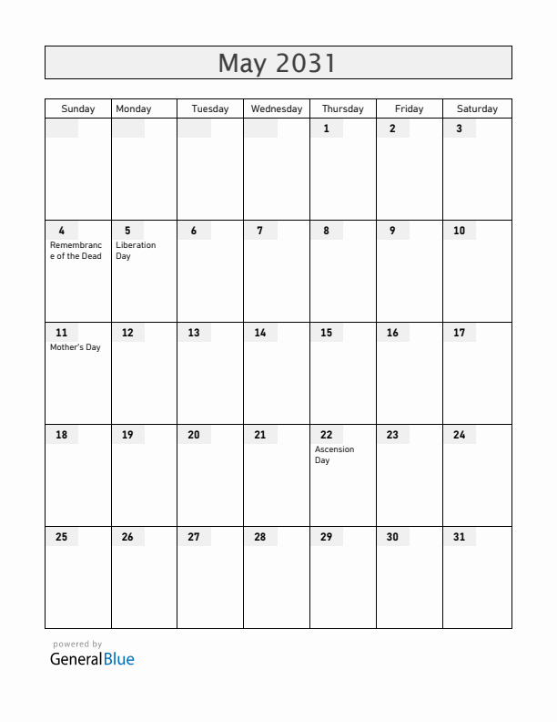 The Netherlands May 2031 Calendar with Holidays