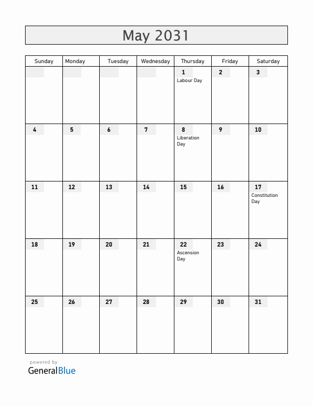 Norway May 2031 Calendar with Holidays