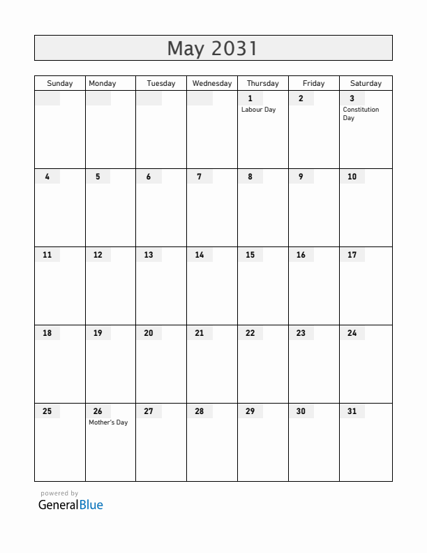 Poland May 2031 Calendar with Holidays