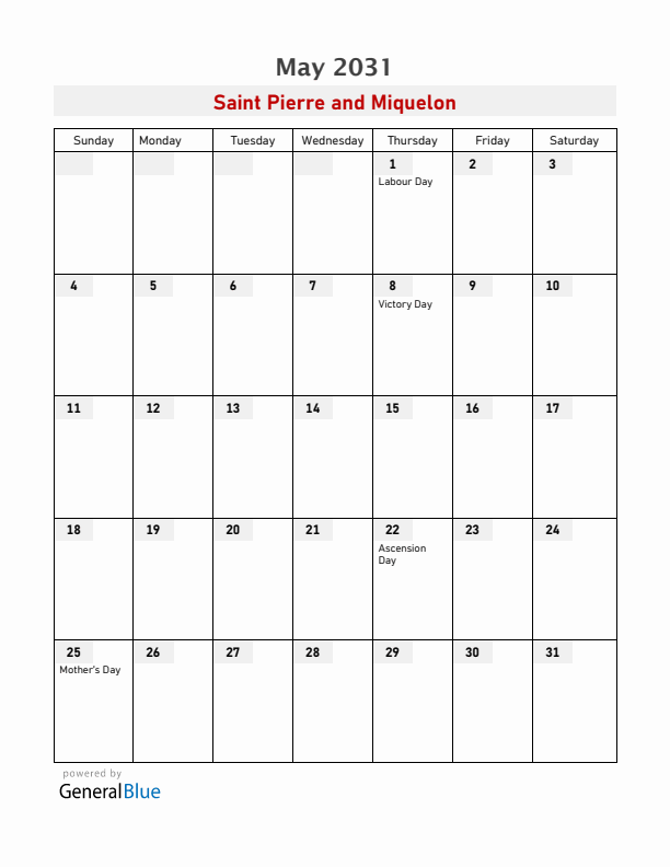 Saint Pierre and Miquelon May 2031 Calendar with Holidays