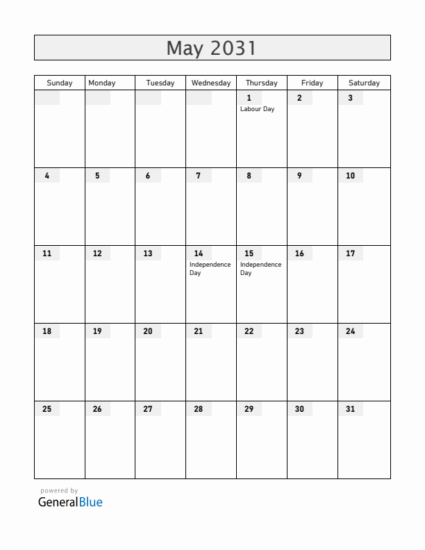 Paraguay May 2031 Calendar with Holidays