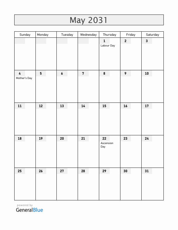 Romania May 2031 Calendar with Holidays