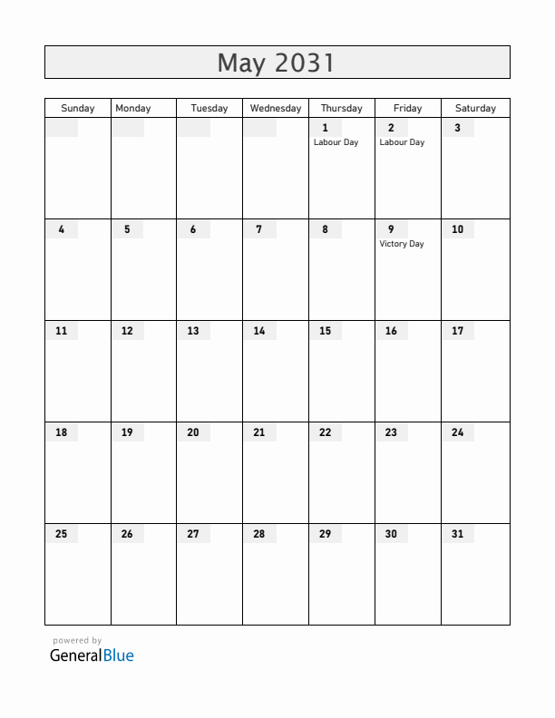 Serbia May 2031 Calendar with Holidays