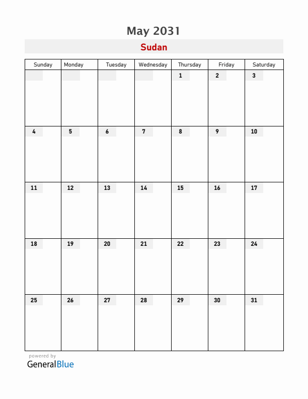 Sudan May 2031 Calendar with Holidays