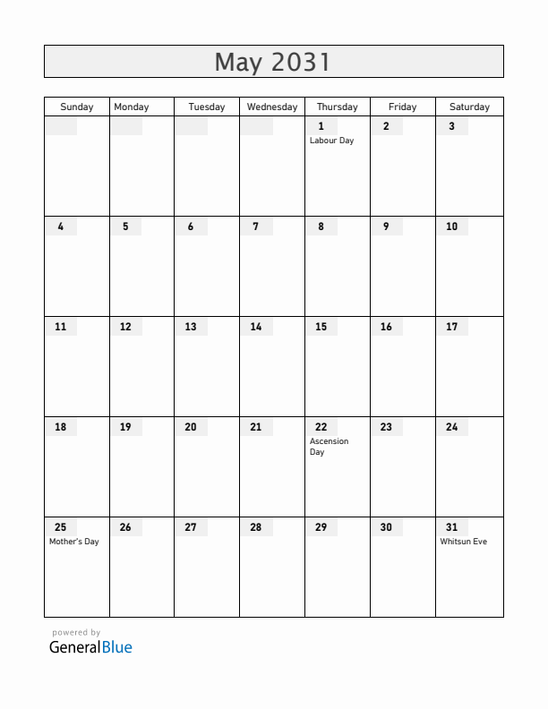 Sweden May 2031 Calendar with Holidays