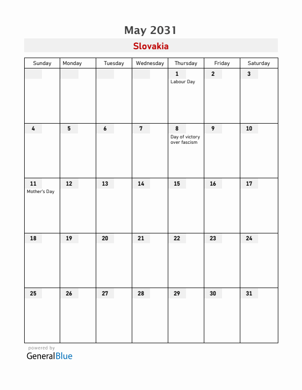Slovakia May 2031 Calendar with Holidays