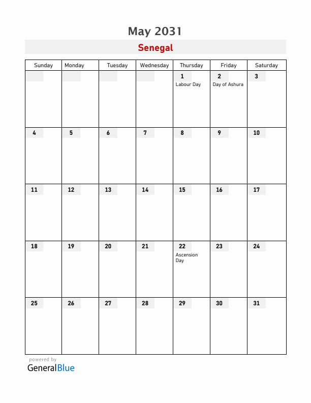 Senegal May 2031 Calendar with Holidays