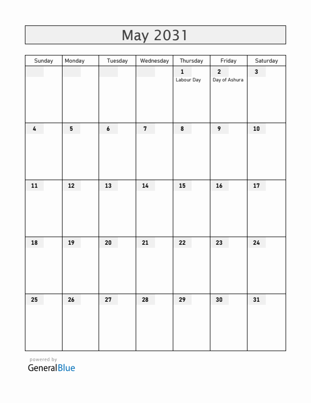 Somalia May 2031 Calendar with Holidays
