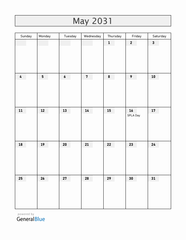 South Sudan May 2031 Calendar with Holidays
