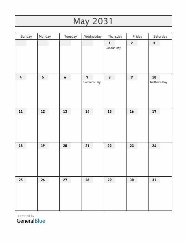 El Salvador May 2031 Calendar with Holidays