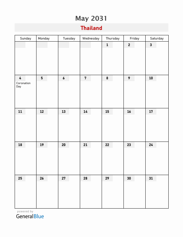 Thailand May 2031 Calendar with Holidays