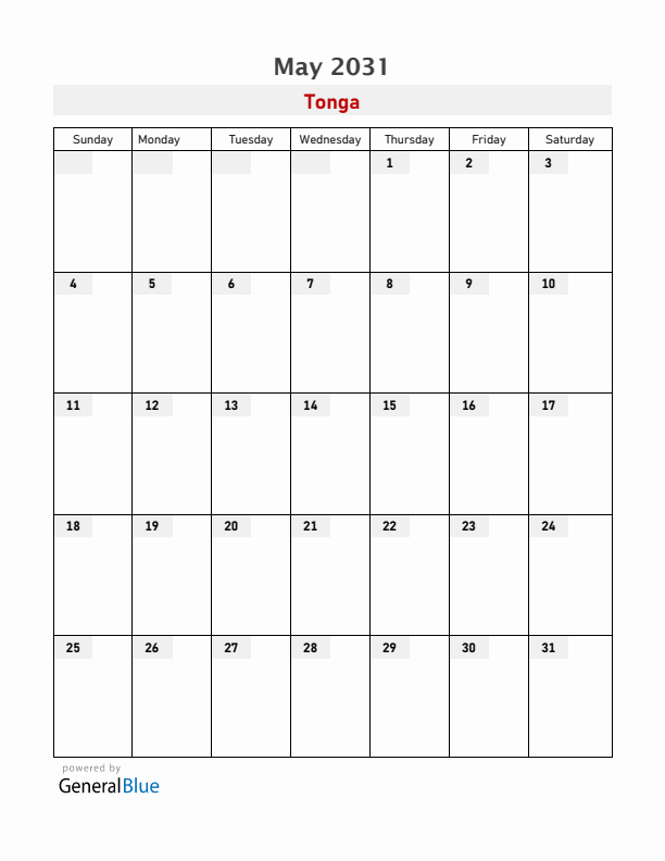 Tonga May 2031 Calendar with Holidays